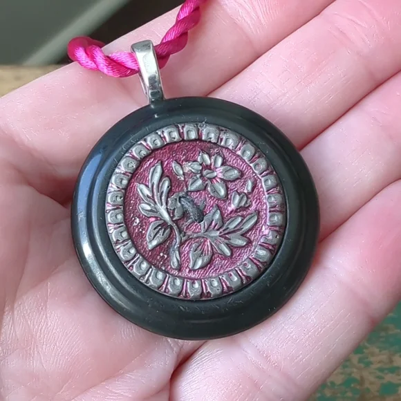 WHIMSY HOUSE I Upcycled Celluloid & Victorian Floral Metal Button Necklace - Picture 1 of 11